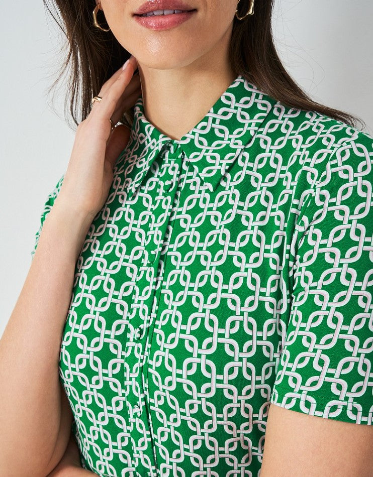 Crew Clothing - Emma Jersey Shirt Dress in Kelly Green Geo Entwined Pr Milners of Leyburn Crew Clothing - Emma Jersey Shirt Dress in Kelly Green Geo Entwined Pr Milners of Leyburn
