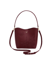 Load image into Gallery viewer, Fable - Floral Applique Margot Bucket Bag in Burgundy