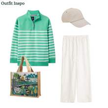 Load image into Gallery viewer, Crew Clothing - Half Zip Sweat - Green White Stripe