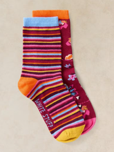 Load image into Gallery viewer, White Stuff - 2 Pack Stripe Floral Ankle Socks in Plum Multi