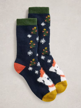 Load image into Gallery viewer, White Stuff - Christmas Dog Cabin Sock in Navy Multi