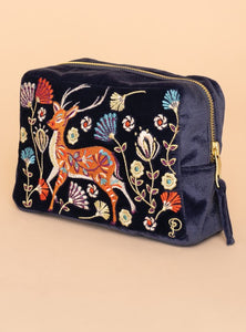 Powder - Velvet Make-up Bag - Folk Art Deer Slate