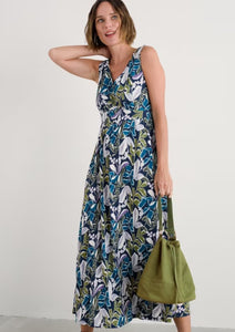 Sea Salt - Polmanter Dress in Linear Leaves Maritime