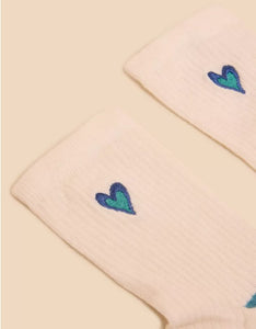 White Stuff - Embroidered Heart Rib Sock in Pale Ivory