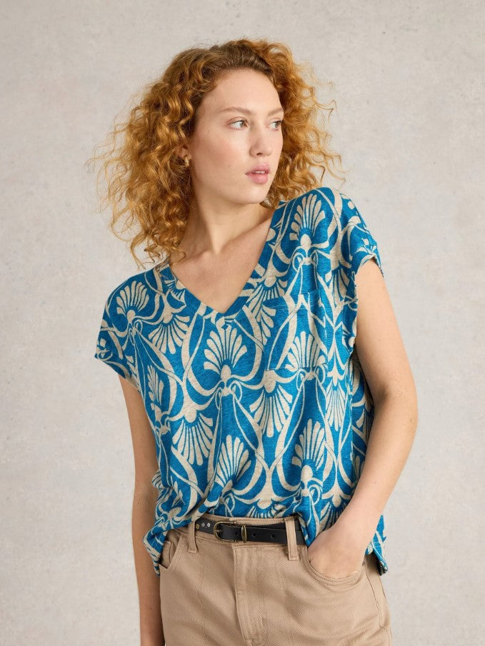 White Stuff - Iris Linen Tee in Blue Print