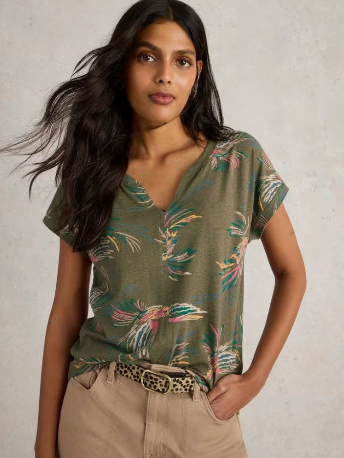 White Stuff - Nelly Notch Neck Tee in Green Print