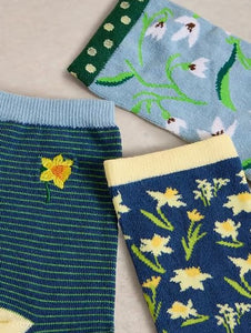 White Stuff - 3 Pack Spring Floral Ankle Socks Blue Multi