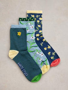 White Stuff - 3 Pack Spring Floral Ankle Socks Blue Multi