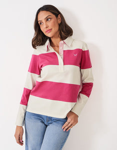 Crew Clothing - Longsleeve Stripe Rugby Shirt in White Carmine