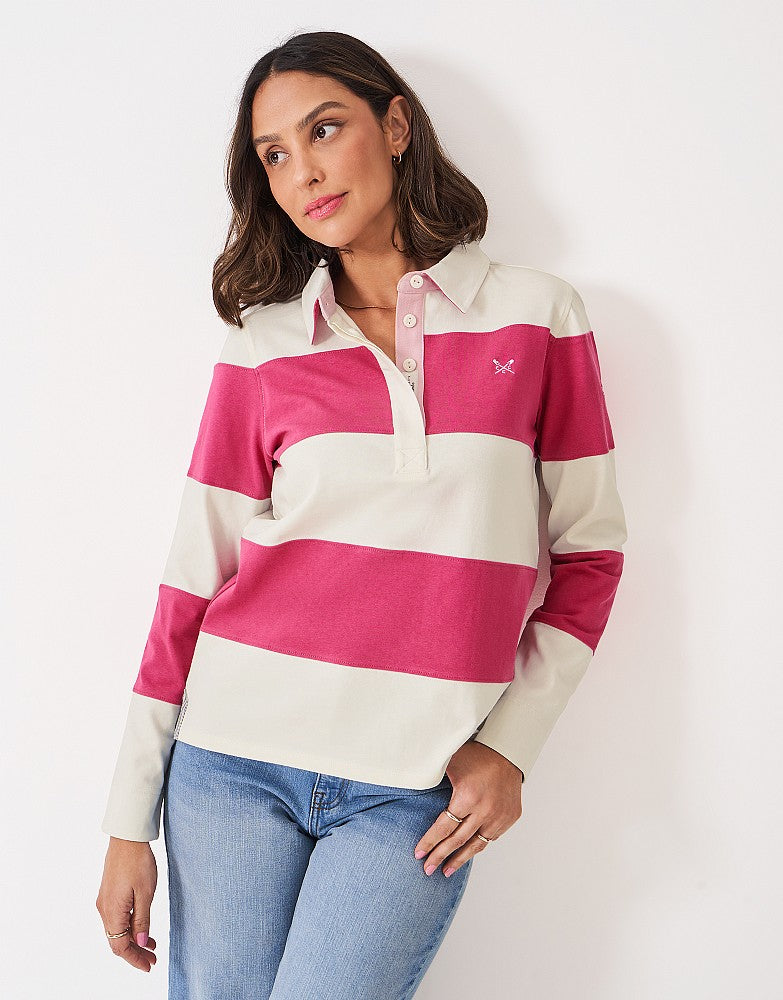 Crew Clothing - Longsleeve Stripe Rugby Shirt in White Carmine