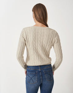 Crew Clothing - V Neck Chunky Heritage Cable Jumper in Oatmeal