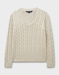 Crew Clothing - V Neck Chunky Heritage Cable Jumper in Oatmeal