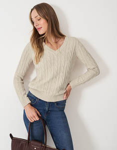 Crew Clothing - V Neck Chunky Heritage Cable Jumper in Oatmeal
