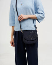 Load image into Gallery viewer, Fable - Beth Floral Applique Suedette Saddle Bag in Navy
