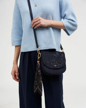 Load image into Gallery viewer, Fable - Beth Floral Applique Suedette Saddle Bag in Navy
