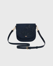 Load image into Gallery viewer, Fable - Beth Floral Applique Suedette Saddle Bag in Navy
