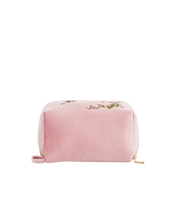 Load image into Gallery viewer, Fable - Velvet Embroidered Cosmetic Pouch in Pink Love Scatter
