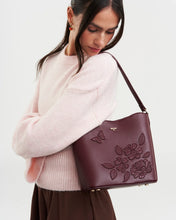 Load image into Gallery viewer, Fable - Floral Applique Margot Bucket Bag in Burgundy
