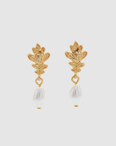 Fable - Gold Oak Leaf Pearl Drop Earrings