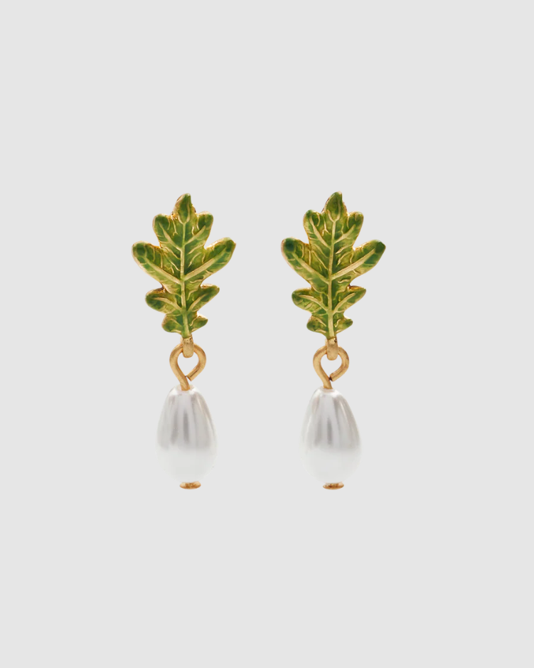 Fable - Gold Oak Leaf Pearl Drop Earrings