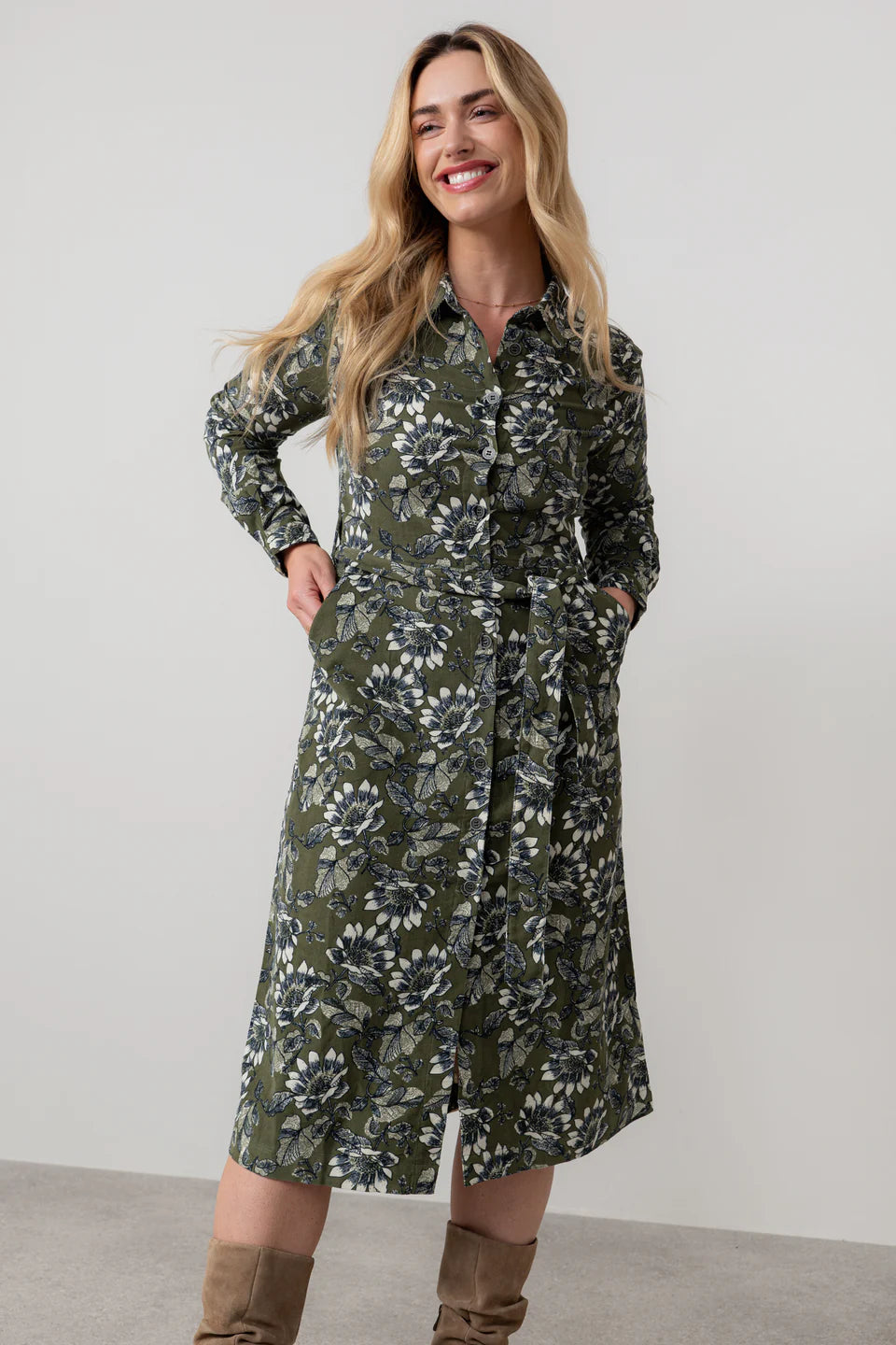 Lily & Me - Anya Midi Shirt Dress Harvest Print in Moss