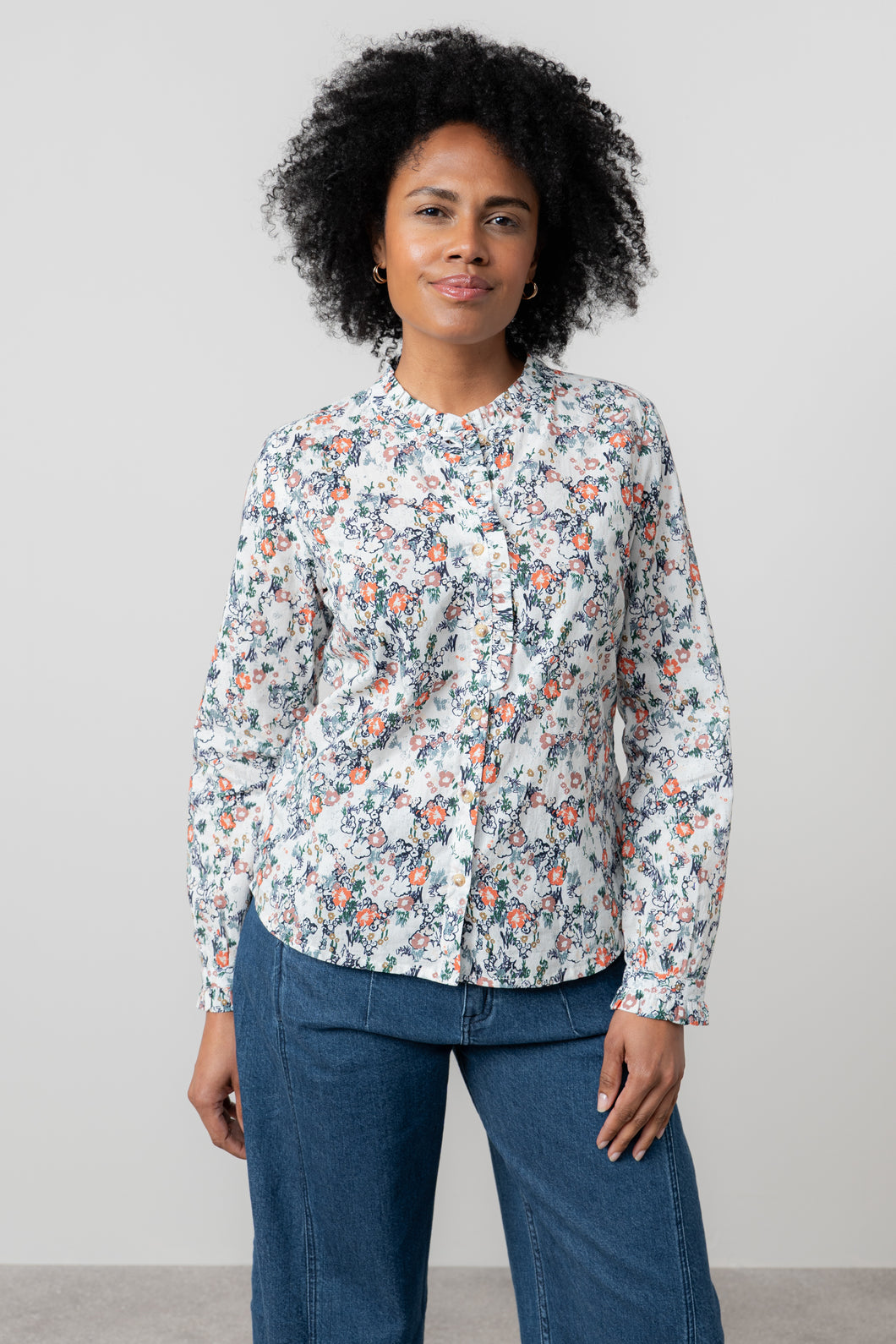 Lily & Me - Rachel Frill Blouse Feather Ditsy Print in Ecru