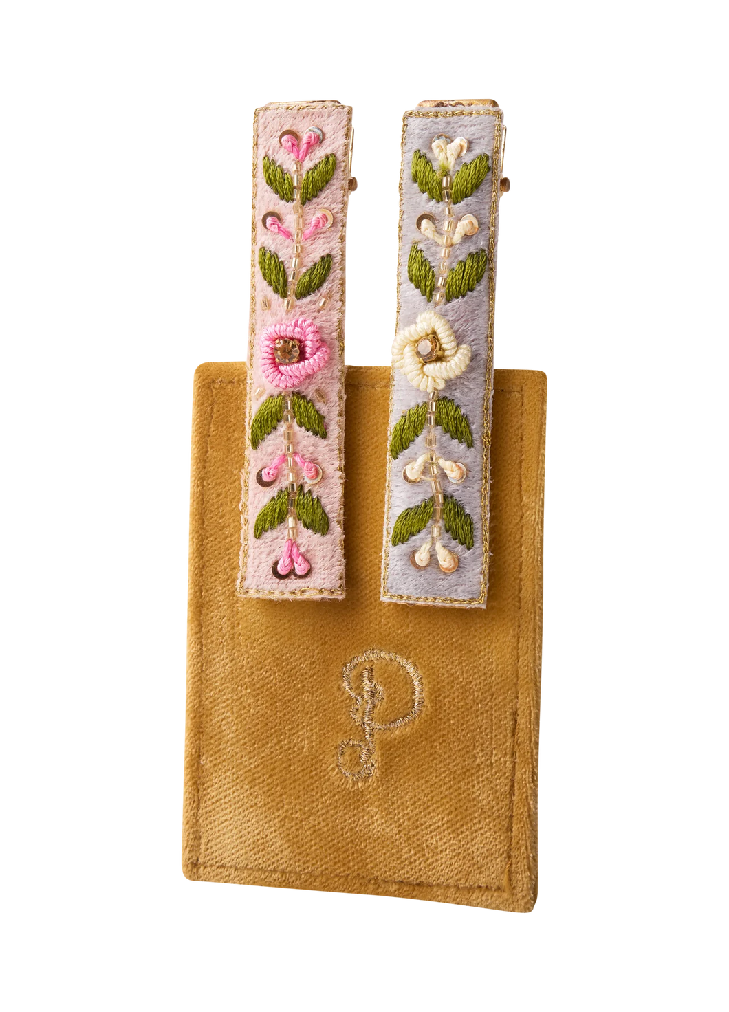 Powder - Embroidered Hair Bars in Petal/Powder Blue Floral Vines
