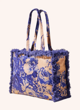 Load image into Gallery viewer, Powder - China Blue Blooms Fringed Box Tote Bag
