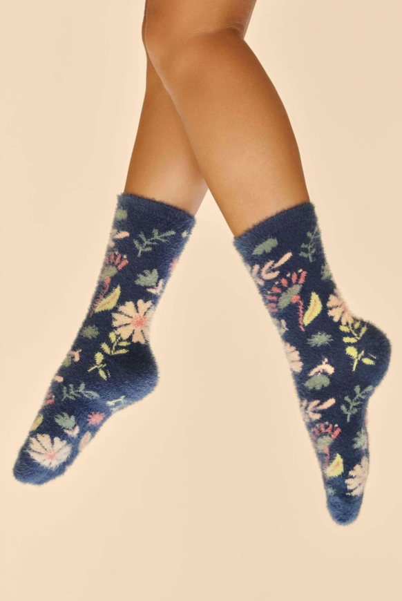 Powder - Fuzzy Slipper Socks - Watercolour Flowers Navy