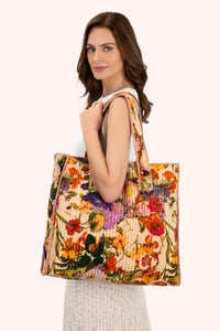 Powder - Luxe Velvet Quilted Tote Bag in Cream Posy
