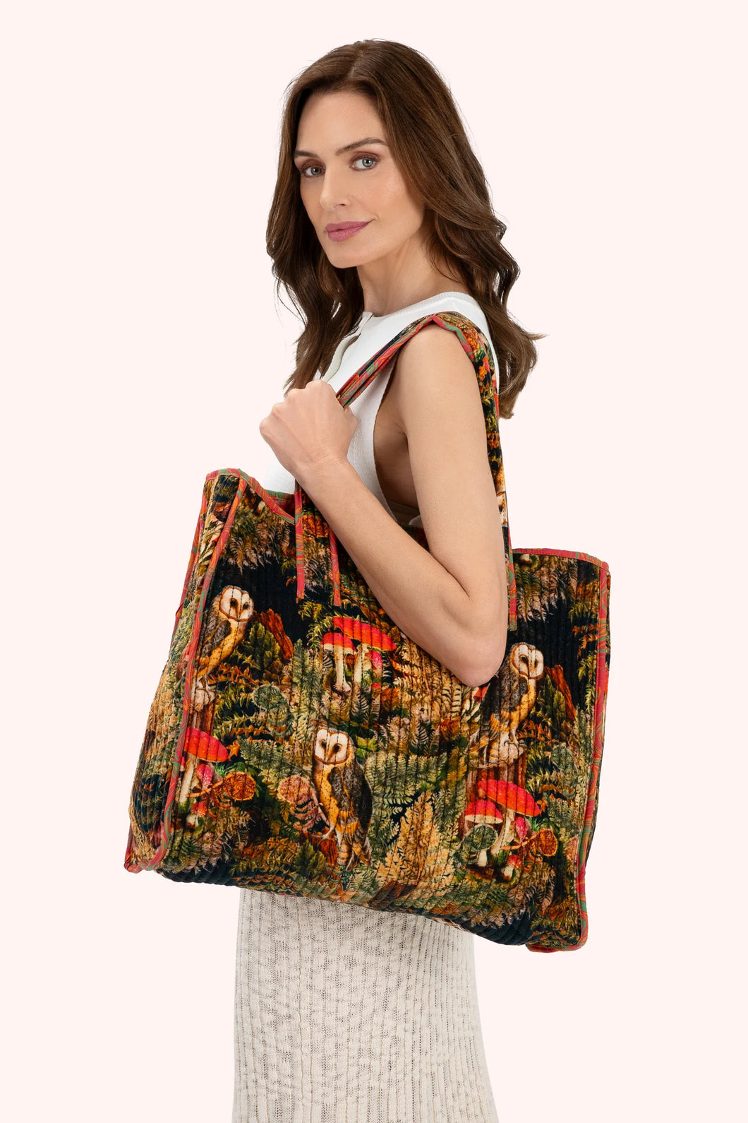 Powder - Luxe Velvet Quilted Tote Bag in Wild Woodland Owl