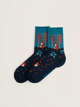 Load image into Gallery viewer, Sea Salt - Snowy Scenes Socks in Birch Forest Fox Maritime
