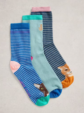 Load image into Gallery viewer, White Stuff - 3 Pack Cat Pals Ankle Socks in Blue Multi
