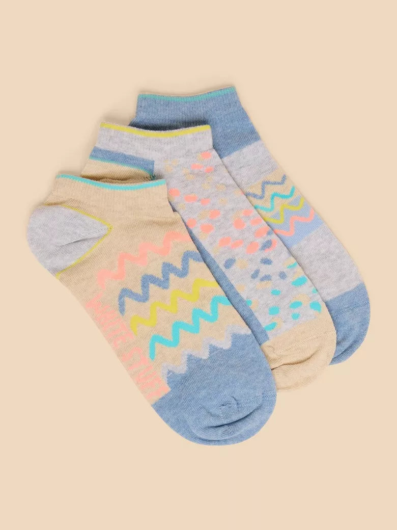 White Stuff - 3 Pack Fluro Trainer Socks - Blue Multi