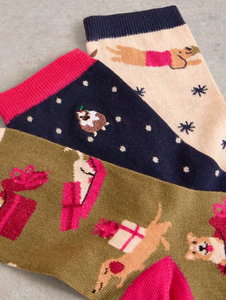 White Stuff - 3PK Christmas Dog Socks - Navy Multi