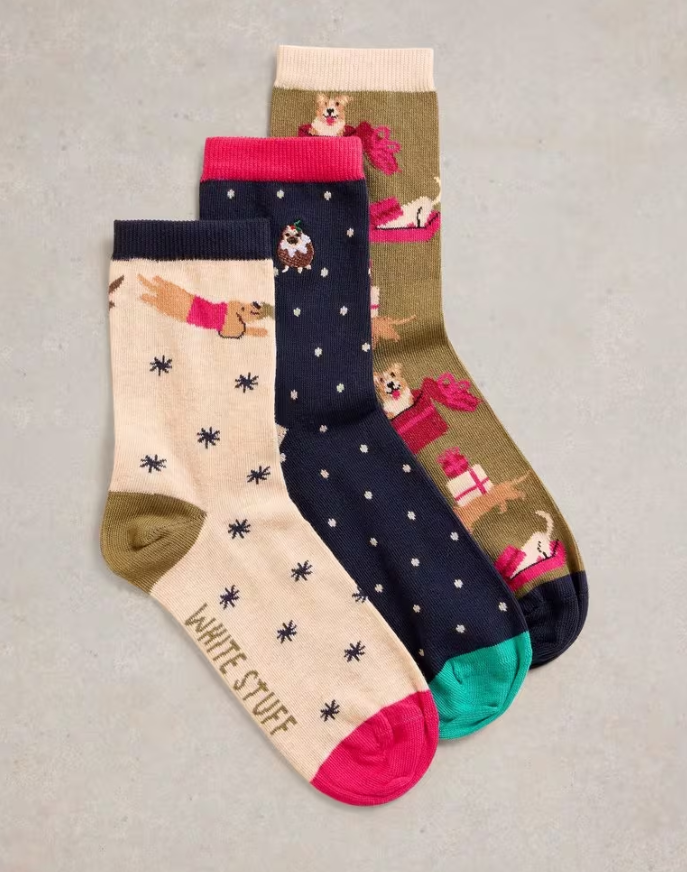 White Stuff - 3PK Christmas Dog Socks - Navy Multi