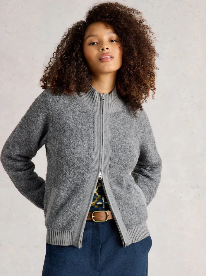 White Stuff - Bobby Boucle Zip Cardi in Mid Grey