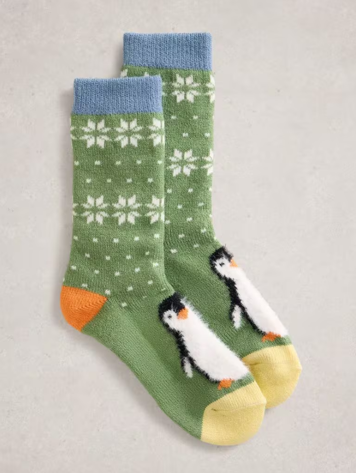 White Stuff - Fluffy Penguin Cabin Socks in Green Multi