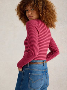 White Stuff - Halley Rib Stripe Henley - Pink Multi