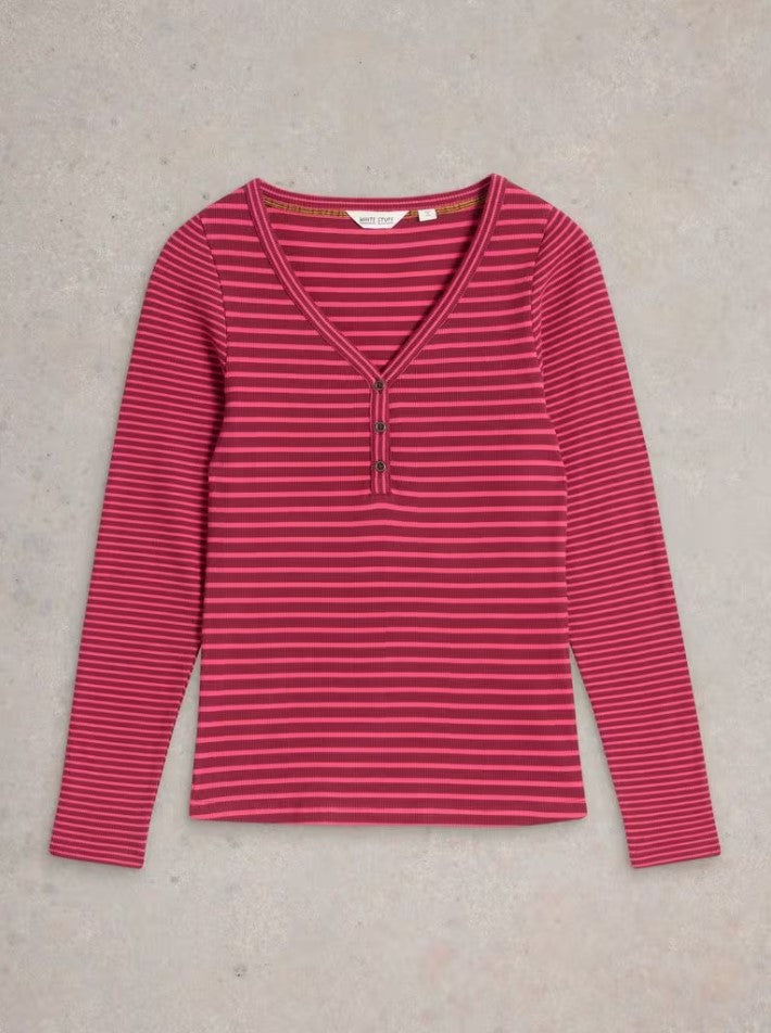 White Stuff - Halley Rib Stripe Henley - Pink Multi