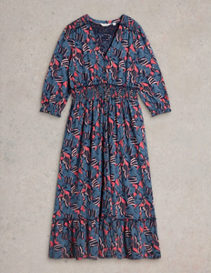 White Stuff - Jonie Shirred Jersey Dress - Blue Print