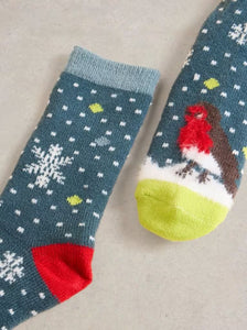 White Stuff - Kissing Robins Cabin Socks - Teal Multi