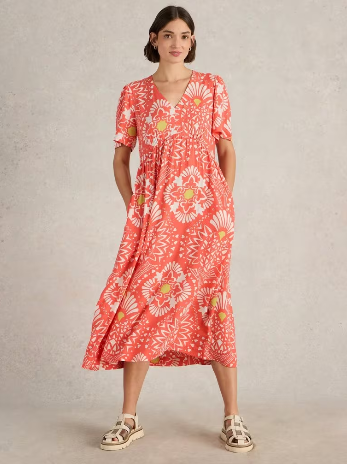 White Stuff - Lucy Midi Dress in Coral Print