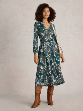 White Stuff - Megan Jersey Midi Dress - Teal Print