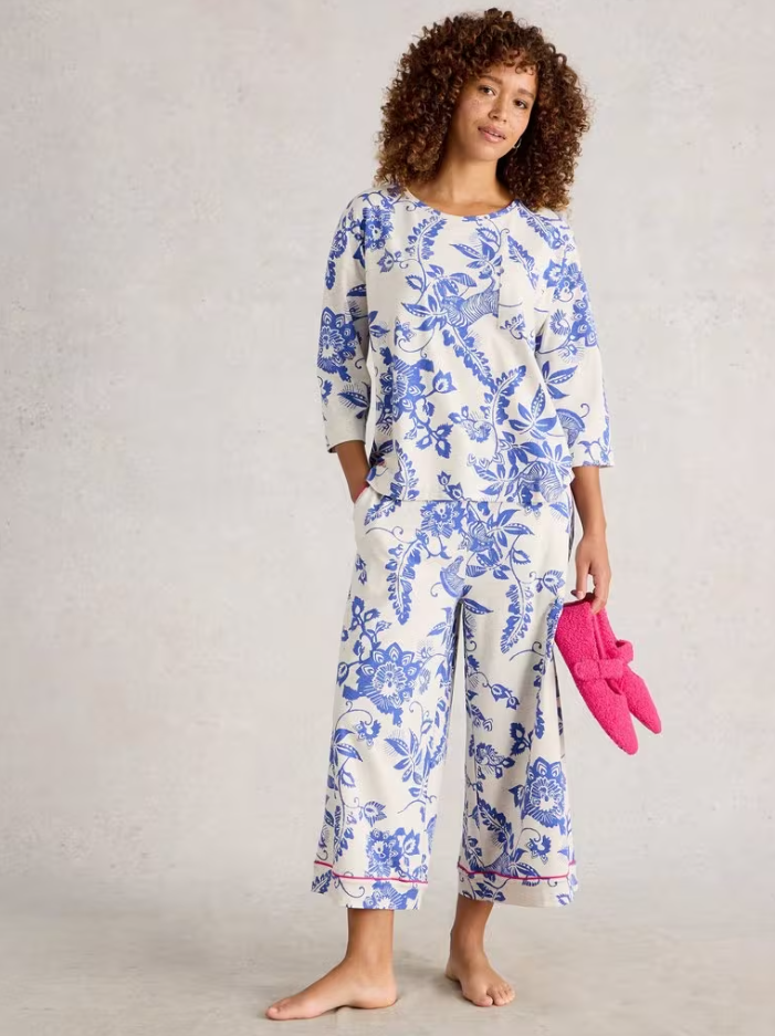 White Stuff - Mia Boxy PJ Top & Trina Cropped PJ Bottoms in Natural Print