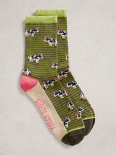 Load image into Gallery viewer, White Stuff - Novelty Cow Ankle Socks in Green Multi
