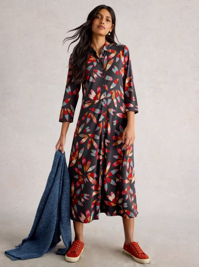 White Stuff - Rua Jersey Shirt Dress in Grey Multi