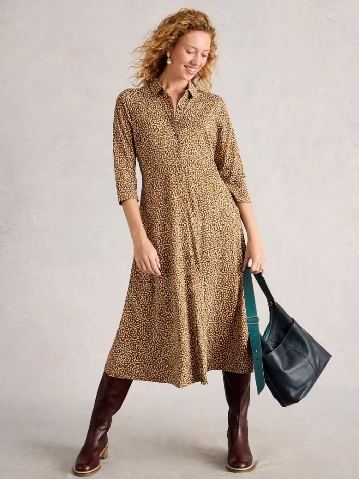 White Stuff - Rua Jersey Shirt Dress in Chartreuse Print