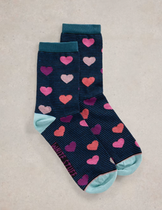 White Stuff - Striped Heart Ankle Socks - Teal Multi