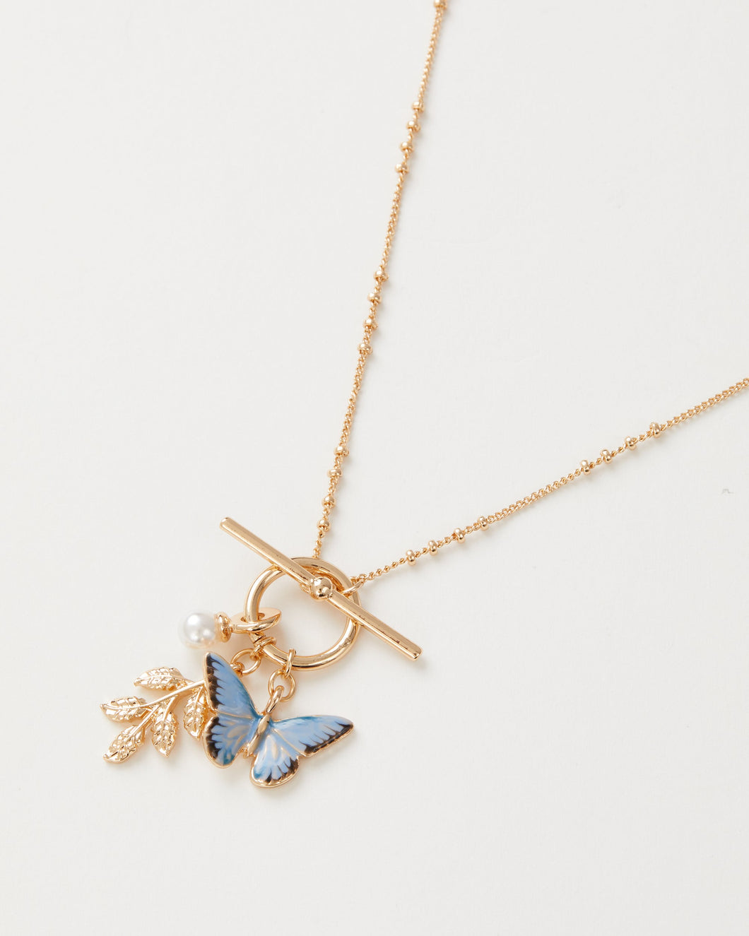 Fable -  Necklace Enamel Blue Butterfly & Leaf Charm Matchbox